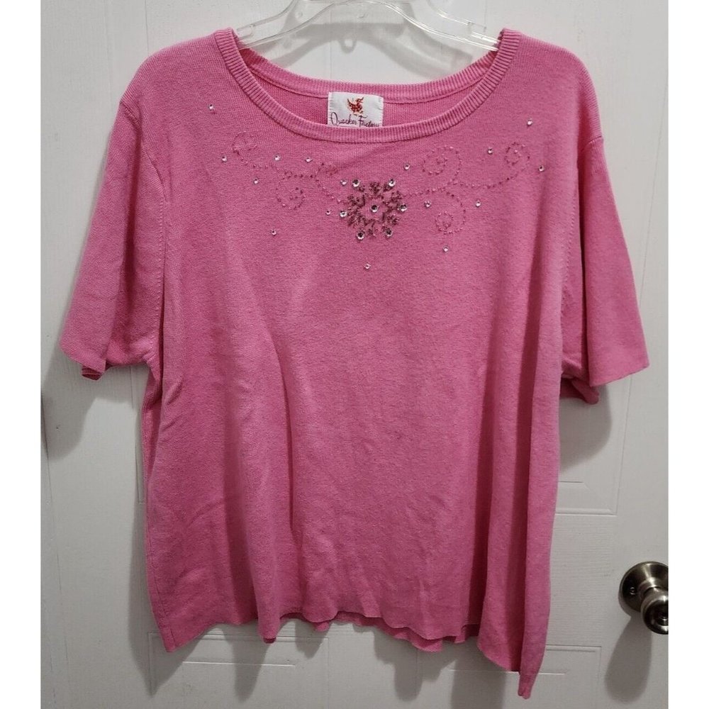 Quacker Factory SS Knit Sweater Top Round Neck Embellished Snowflakes Pink Sz 2X